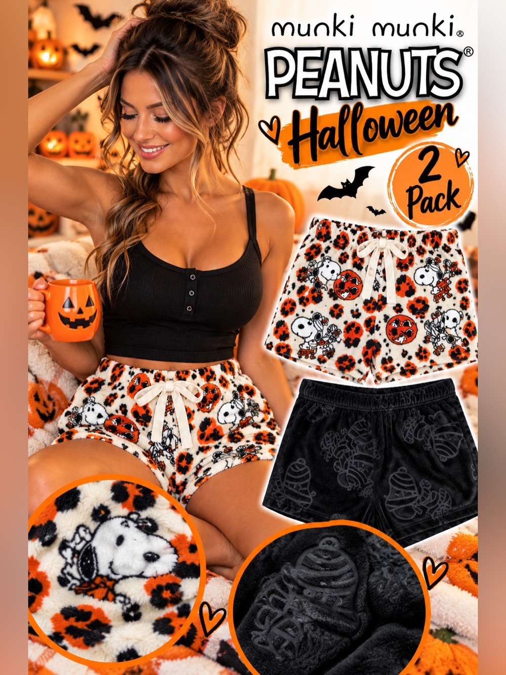 NWT Munki Munki Peanuts Snoopy Halloween Shorts 2 Pack Large